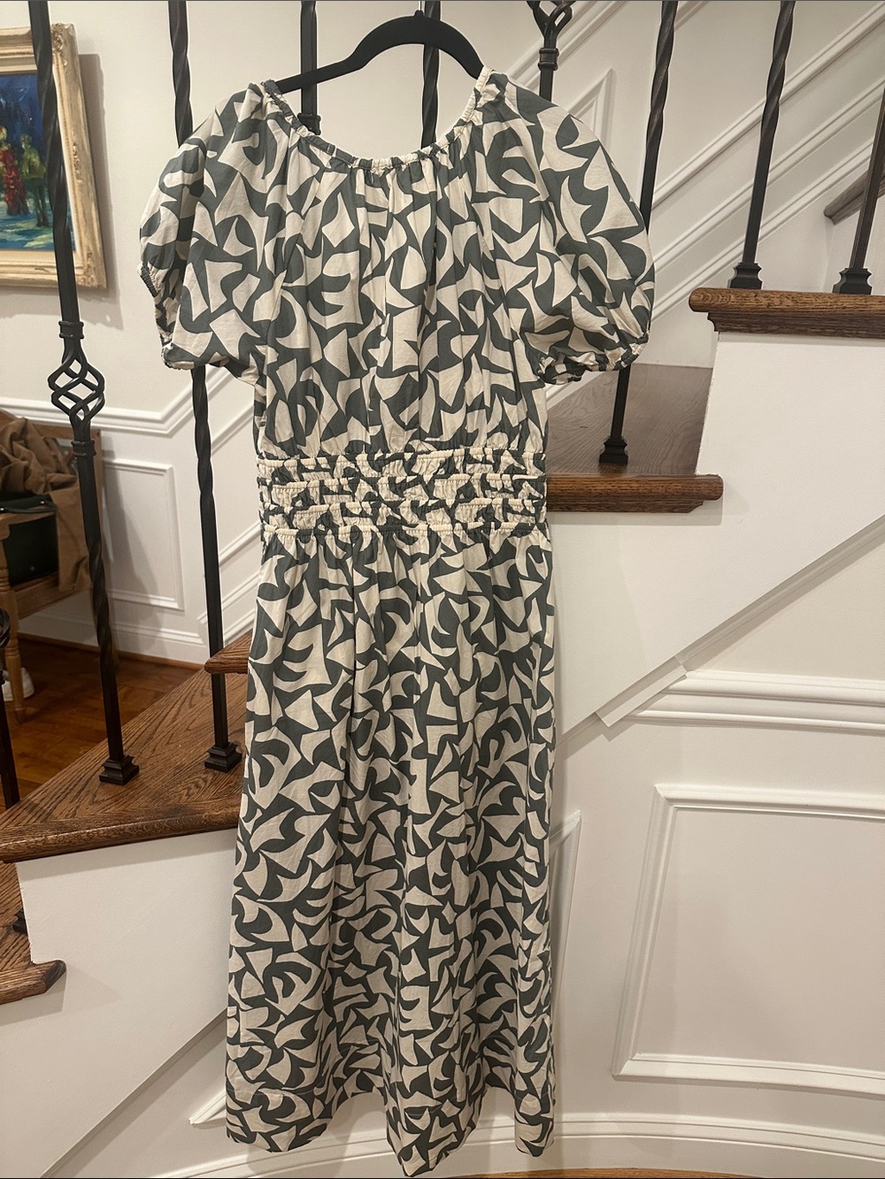 Marine Layer Cream and Green Abstract-Print Puff Sleeve Midi Dress - Picture 3 of 4